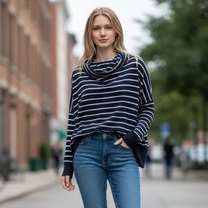 H&M White and Blue Drape Neck Sweater with Nautical Stripes Sz XS